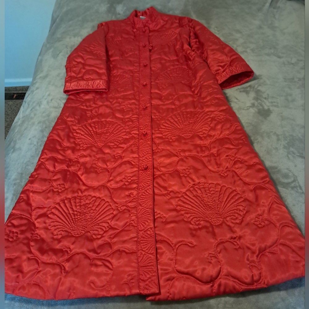 Serenity Vtg Womens Chinoiserie Red Quilted Tea House Long Coat W/pockets Sz. L